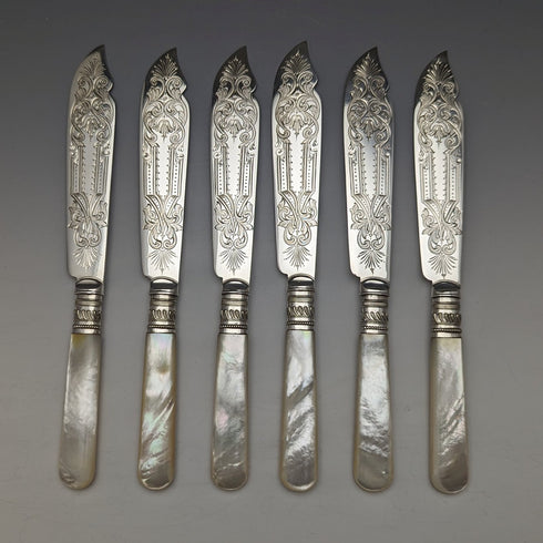Around 1890 British Antique White Pearl Shell Handle Cutlery 6 Pair Set in Wooden Box Joseph Elliot